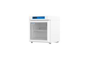 Refrigerador de vacunas Meling YC-55L, vista en ángulo con puerta de vidrio cerrada