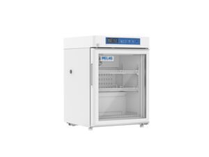 Refrigerador de vacunas Meling YC-75L, vista en ángulo con puerta de vidrio cerrada