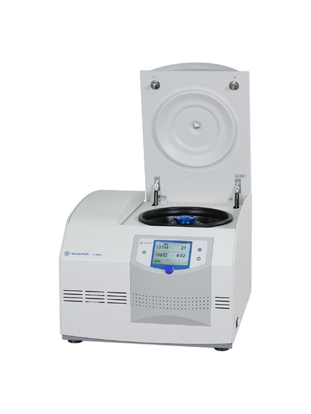 Centrífuga de alta velocidad refrigerada Sigma 3-30KS con la tapa abierta y el rotor a la vista