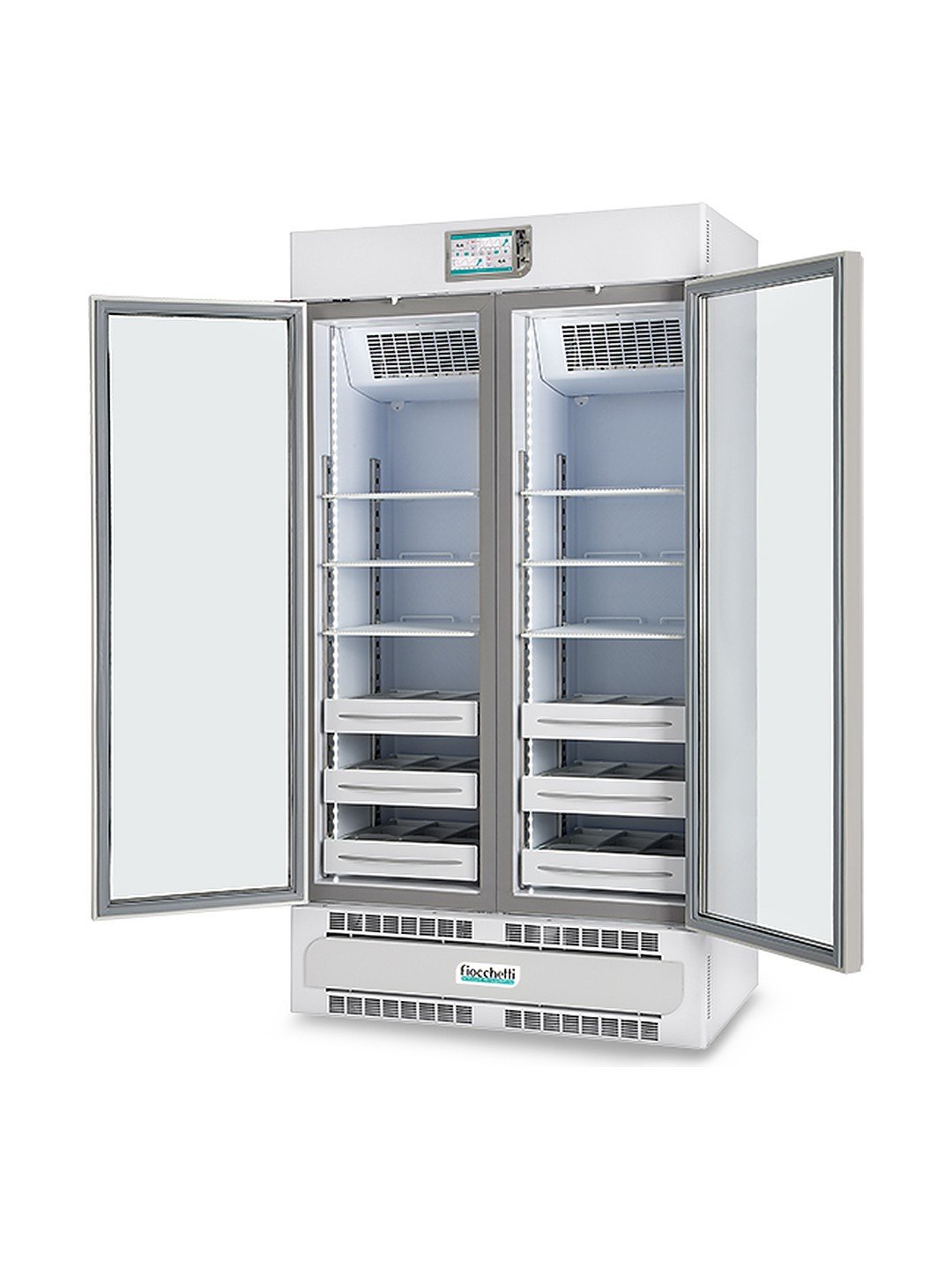 Refrigerador de doble temperatura Fiocchetti MEDIKA 2T 600 con las puertas abiertas