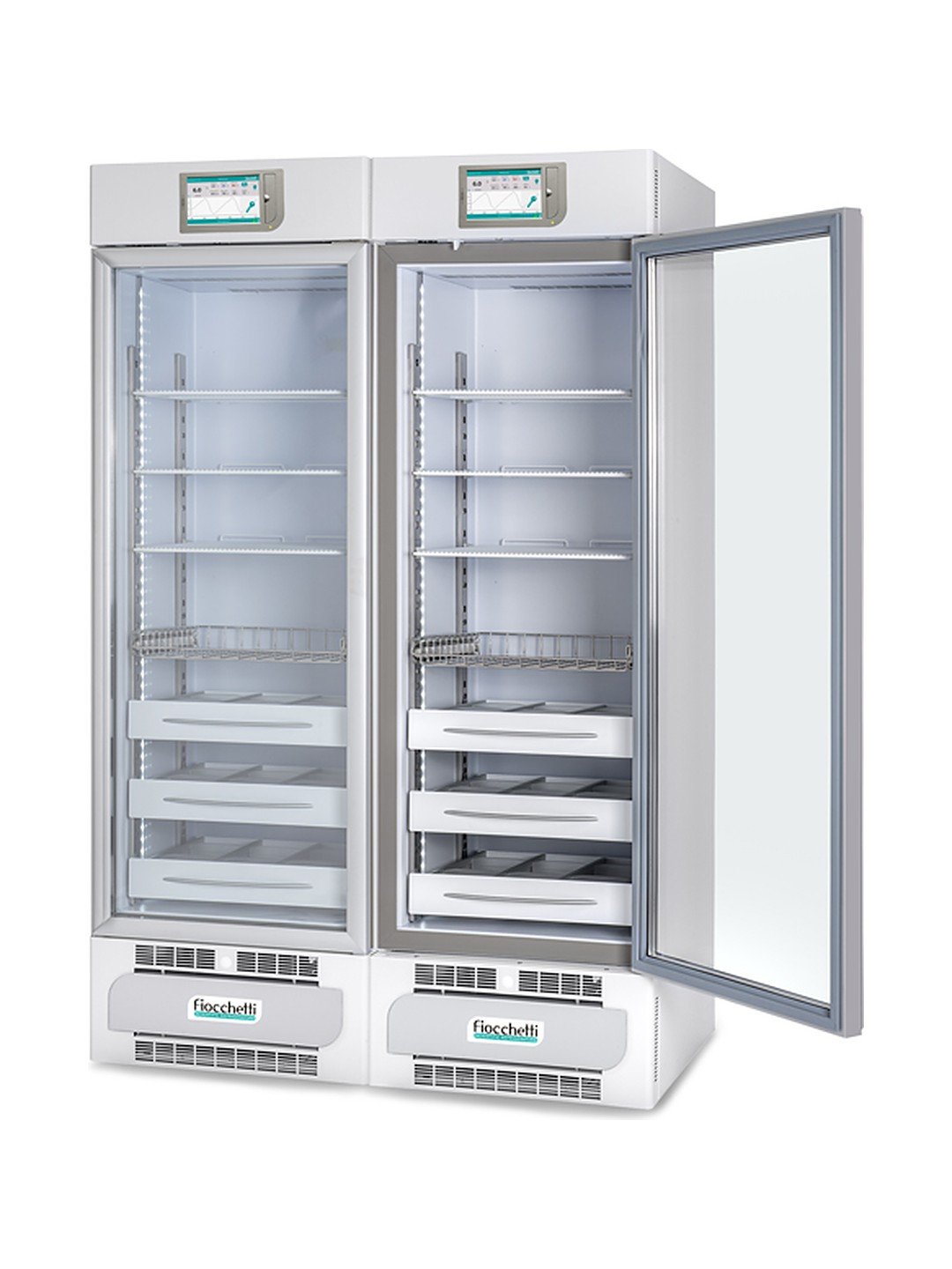 Refrigerador de doble temperatura Fiocchetti MEDIKA 2T 800 con las puertas abiertas