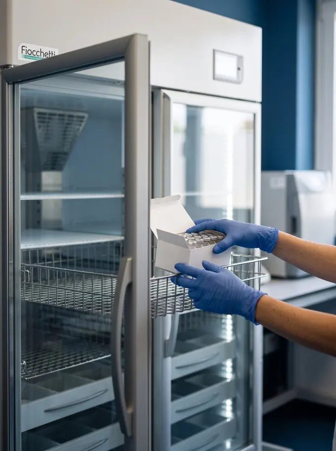 Manos con guantes colocando viales en un refrigerador Fiocchetti