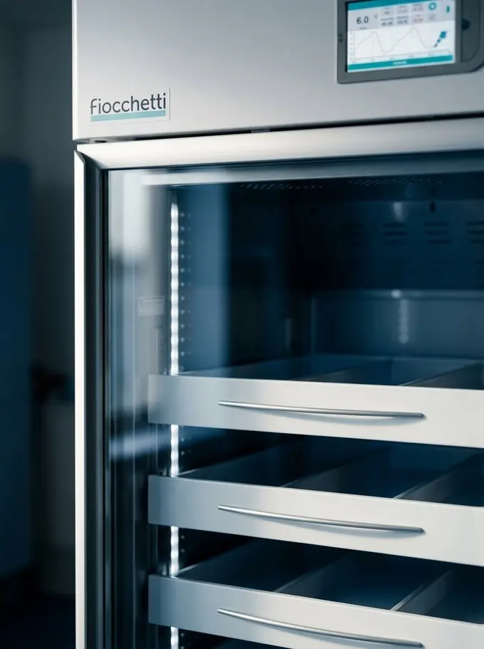 Puerta de vidrio y cajones de un refrigerador Fiocchetti
