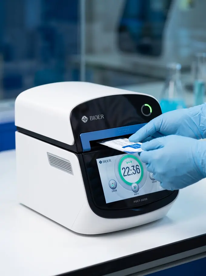 Técnico cargando un cartucho de muestra en el analizador Bioer CentriDx 200