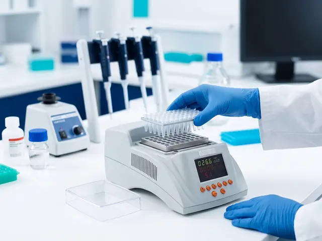 Técnico colocando una gradilla de microtubos en un baño seco Bioer