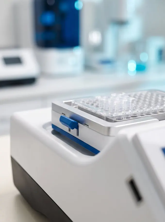 Tubos de muestra sobre el bloque de un equipo de biología molecular