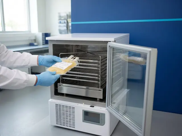 Manos con guantes ubicando una bolsa de plaquetas en la cámara climática LMB CLIMAX Touch