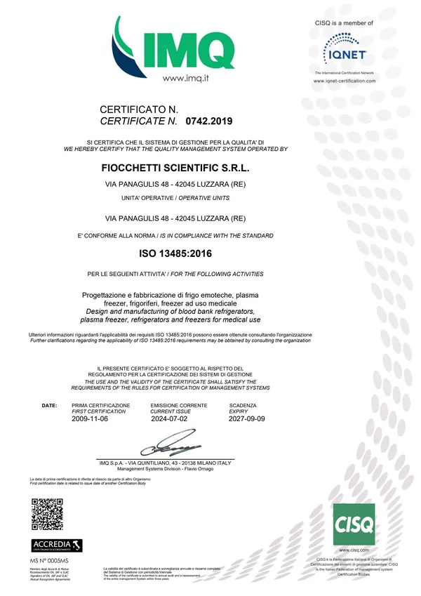 Certificado ISO 13485:2016 de Fiocchetti Scientific, emitido por IMQ