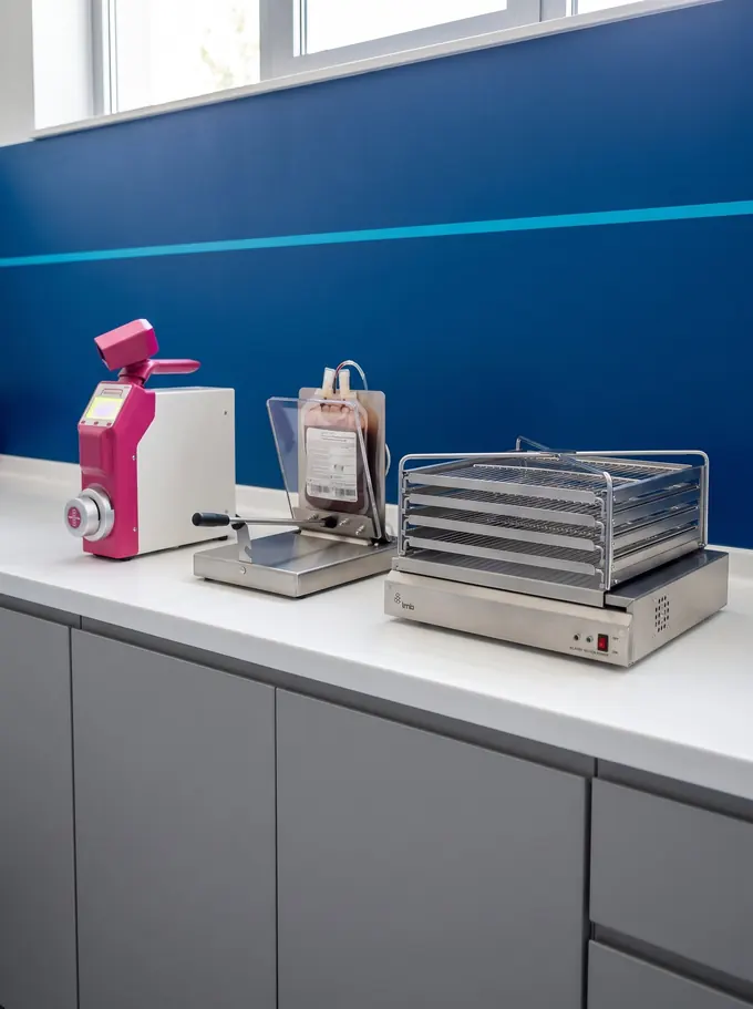 Sellador de tubos SEALmatic LUX, extractor de plasma manual y agitador de plaquetas LMB sobre un mesón de banco de sangre
