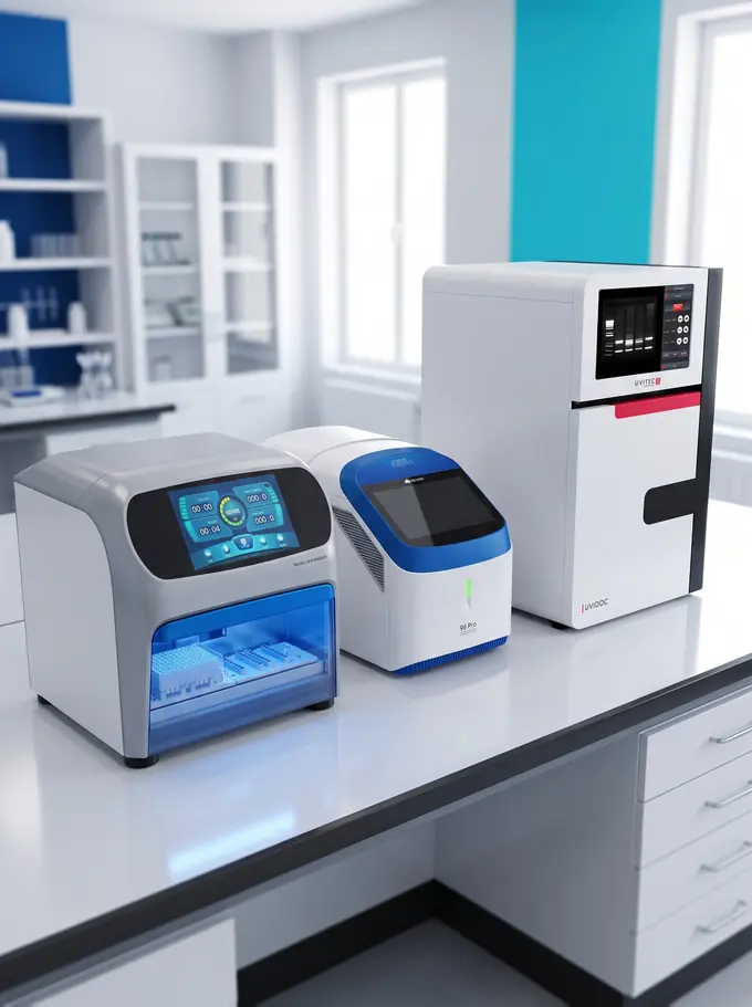 Extractor, equipo de PCR y fotodocumentador sobre un banco de laboratorio