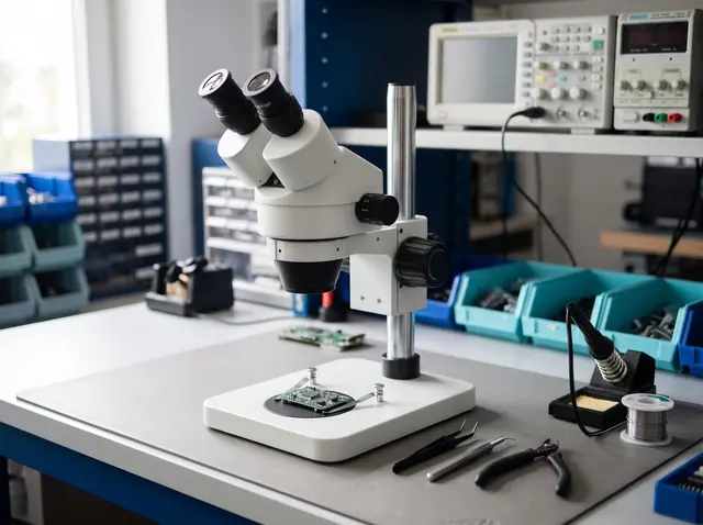 Estereomicroscopio Sunny Optical sobre un banco de trabajo de electrónica con una tarjeta y herramientas de precisión