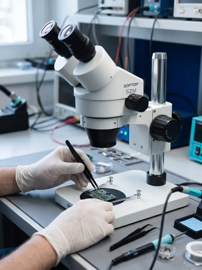 Manos con guantes y pinzas posicionando un componente electrónico bajo un estereomicroscopio Sunny Optical