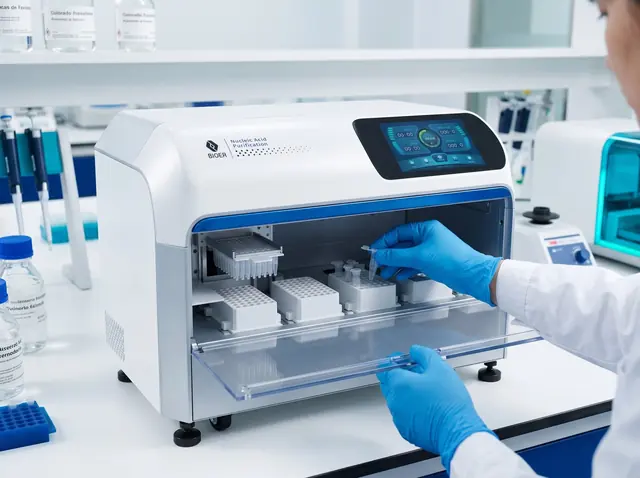 Técnico cargando tubos de muestra en un extractor de ácidos nucleicos Bioer