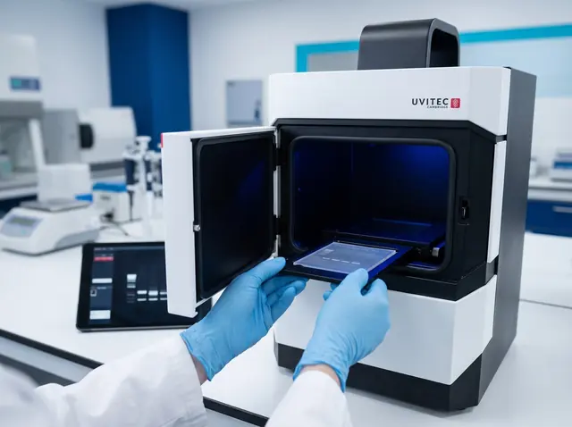 Técnico introduciendo un gel de agarosa en un fotodocumentador Uvitec