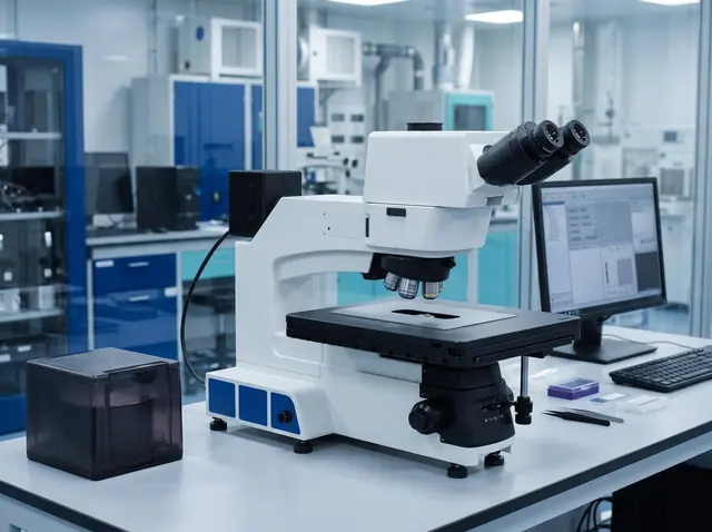 Microscopio de inspección Sunny Optical en un laboratorio de inspección de semiconductores con una caja de obleas