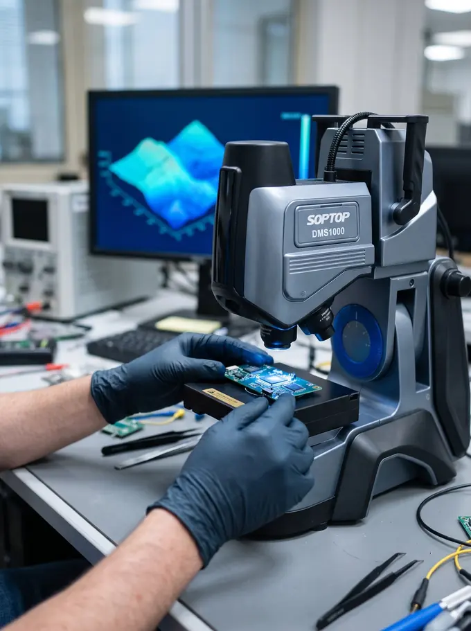 Manos con guantes colocando una tarjeta electrónica bajo el microscopio digital 3D Sunny Optical DMS1000