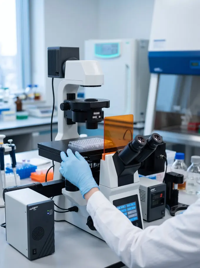 Manos con guantes colocando una placa de cultivo celular en un microscopio invertido de investigación Sunny Optical
