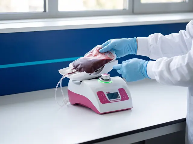 Manos con guantes colocando una bolsa de sangre en el monitor de donación LMB Bagmatic NOVO