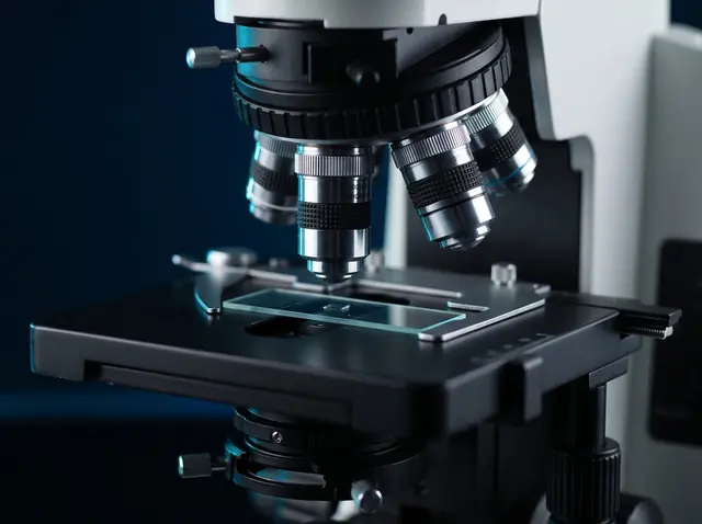Primer plano de los objetivos de un microscopio Sunny Optical sobre una lámina de vidrio