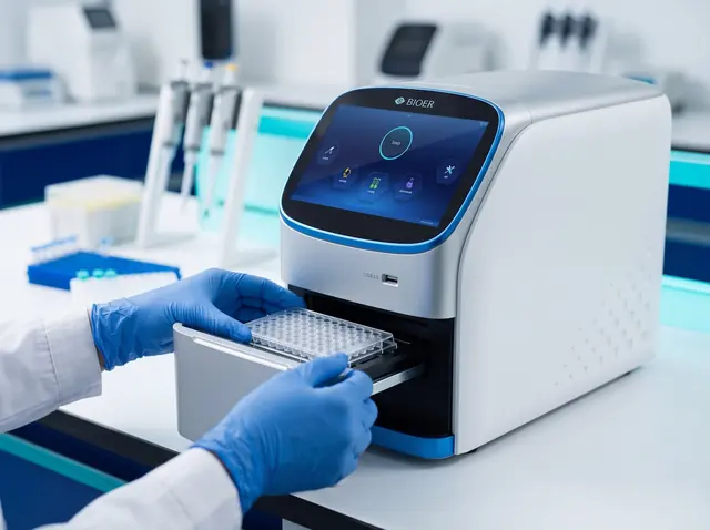 Técnico cargando una placa de PCR de 96 pocillos en un equipo de PCR en tiempo real Bioer