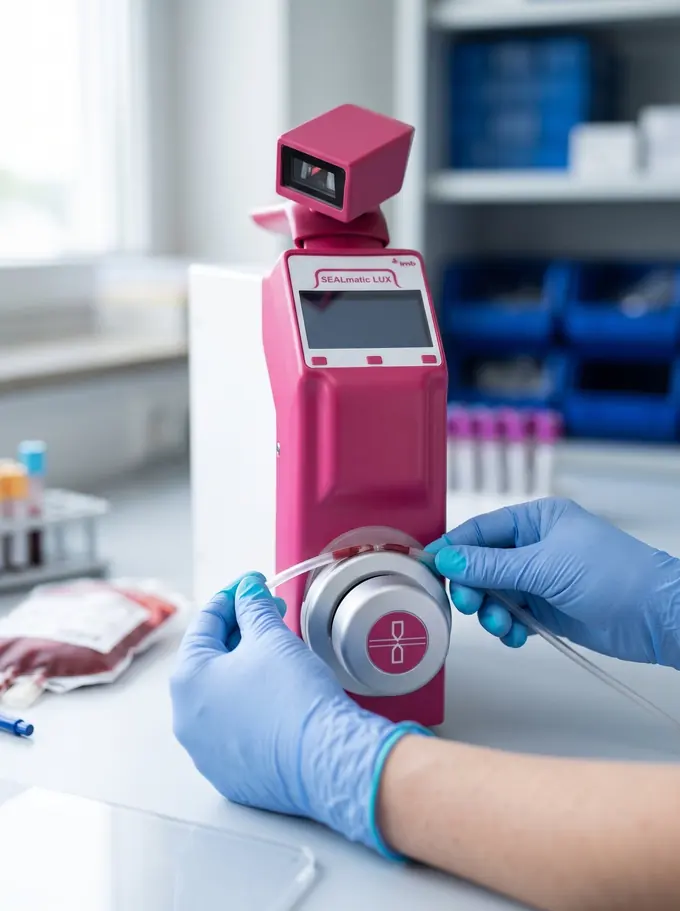 Manos con guantes ubicando el tubo de una bolsa de sangre en el sellador LMB SEALmatic LUX