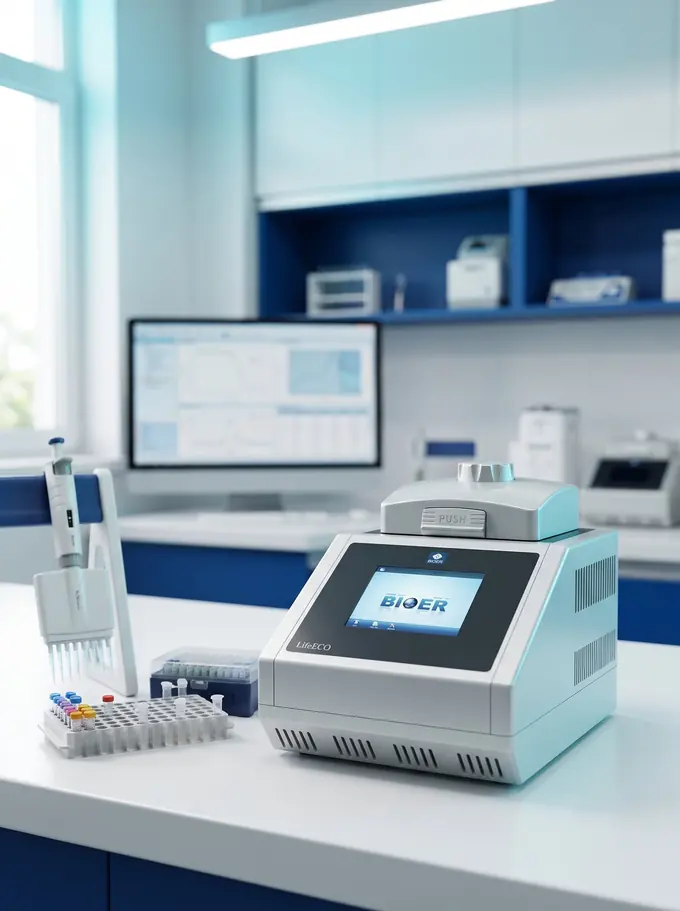 Termociclador Bioer LifeECO en un banco de laboratorio, con pipeta y gradilla de tubos
