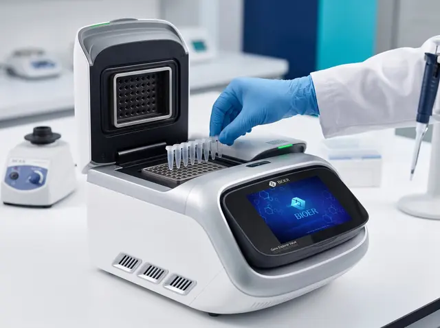 Técnico colocando una tira de tubos de PCR en un termociclador Bioer